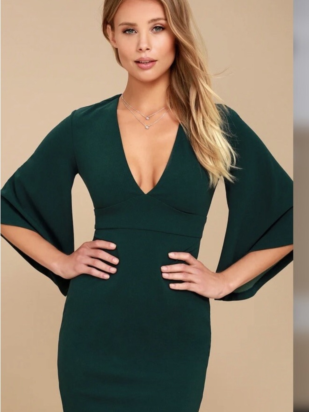 Lulu's Emerald Green V-Neck Midi Dress with Cape Sleeves